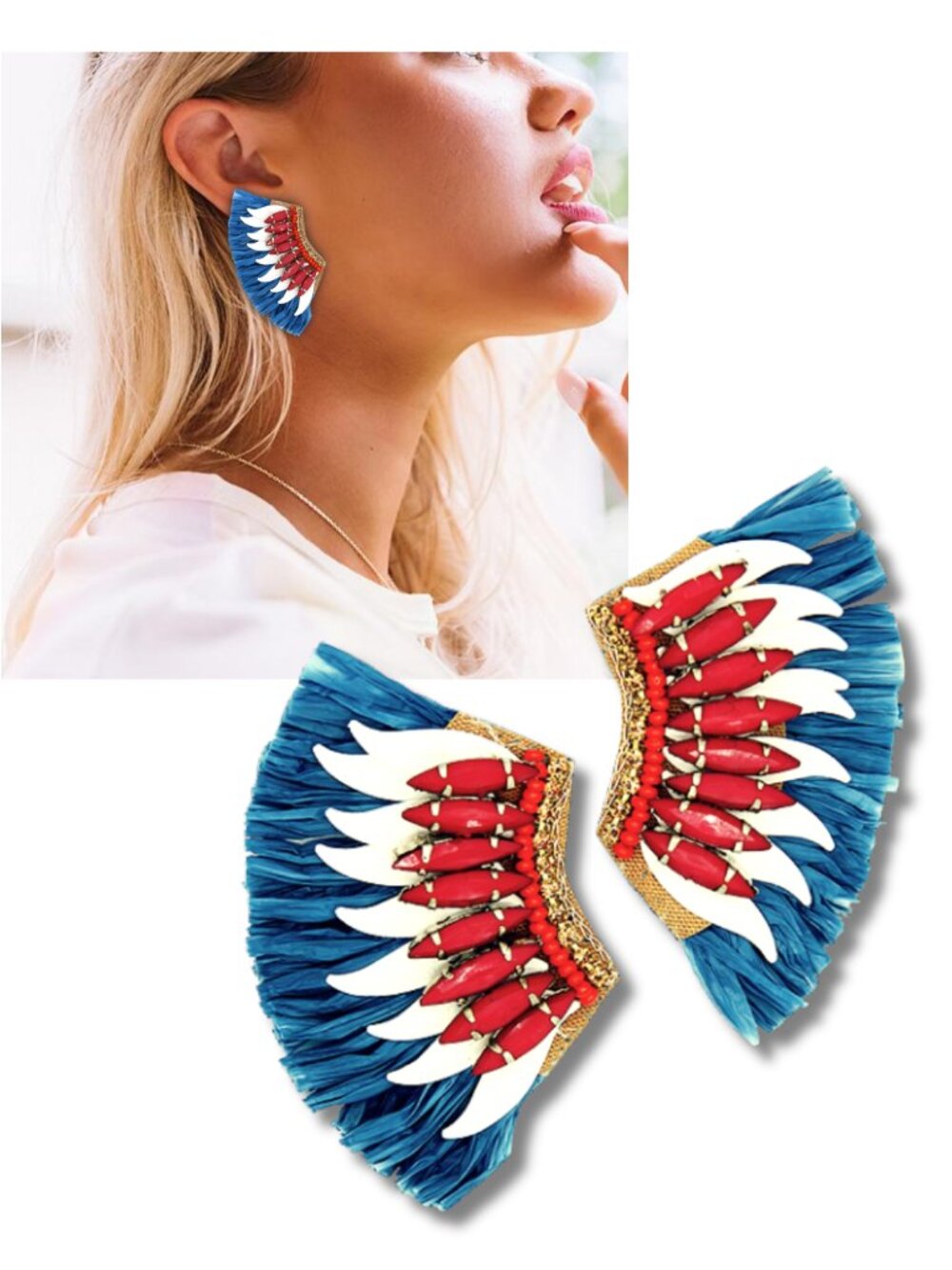 Large 4th of July American Pride Raffia Angel Wing Style Crystal Accent Earrings